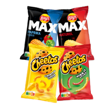 Lay’s bugles nacho cheese, Cheetos chipito of sticks
zak à 75 gram, Doritos zak à 85 gram of Lay’s flat
of max paprika of nature